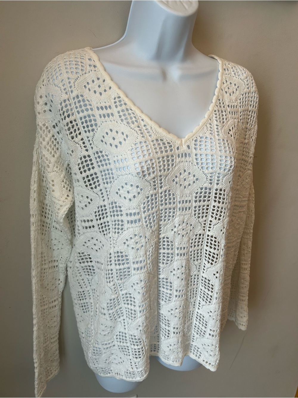 BNWT 🏷️ Carré Noir 100% COTTON Crochet V-Neck Sweater Knit Pullover Cream